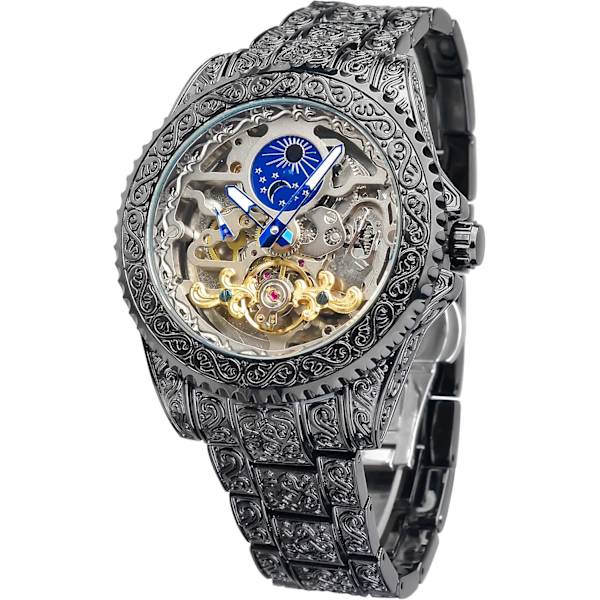 Vintage Klocka Graverad Automatisk Självuppdragande Mekanisk Stor Urtavla Lysande Månfas Gyllene Ihålig Tatuering Mönster Armbandsur, Mekanisk