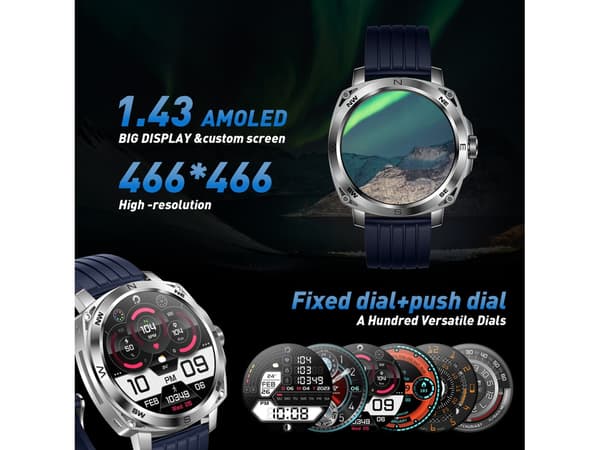 Smartwatch I89 1,43 tum Ultra HD AMOLED-skärm Samtalssvar Män Lämplig för Iphone Android Blå