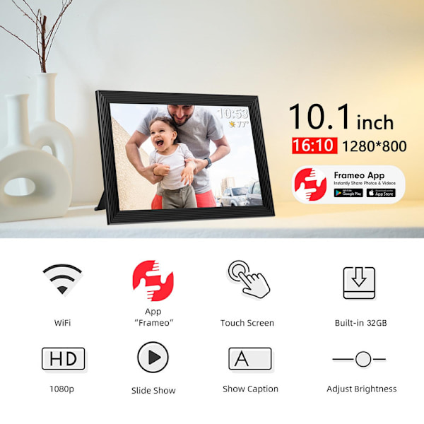 VEANXIN 10,1-tums digital fotoram, 1280x800 IPS LCD-pekskärm, inbyggt 32 GB minne - Svart