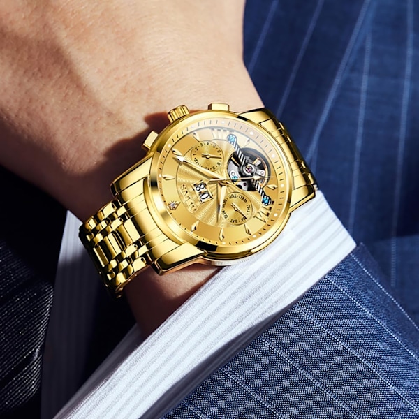 Automatisk herrklocka självuppdragande skelett mekanisk tourbillon klassisk lyx multi-kalender rostfritt stål vattentät armbandsur för män