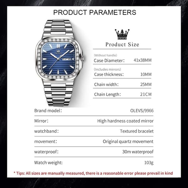 Enkel diamant quartz rektangulær vanntett lysende rustfritt stålklokke med dato for menn (sølv-blå)