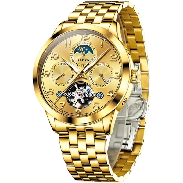 Automatisk herrklocka självuppdragande skelett mekanisk tourbillon klassisk lyx multi-kalender rostfritt stål vattentät armbandsur för män