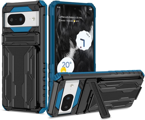 Puhelinkotelo - Google Pixel 8 - Iskunkestävä - Piilotettu jalusta - Korttipidike - Sininen Blue Google Pixel 8