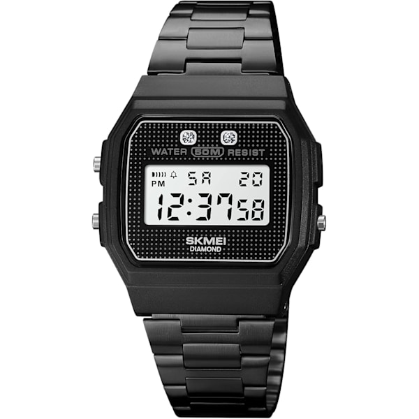 Affärsmäns Klocka Digital Display Fyrkantig Diamant Rostfritt Stål Armband Kalender Vecka Alarm Kvarts Vattentät Lyxig Herrklocka