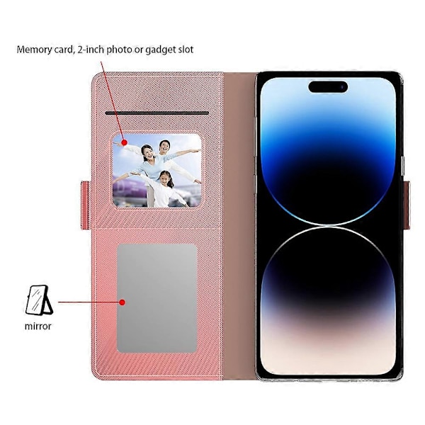 Läderfodral med inbyggd spegel för iPhone 15 Plus, Skal med kortfack, Ställ, Flip-telefonskal