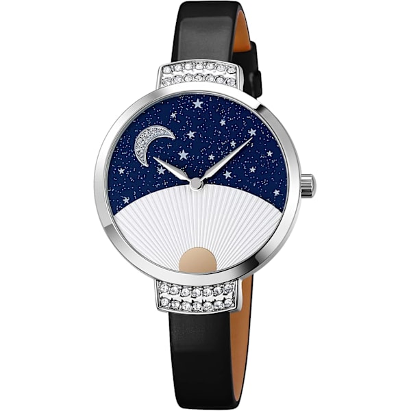 Elegant Läderklocka för Kvinnor Stjärnklar Himmel Fläktmönstrad Urtavla Design Vattentäta Dam Kristall Quartz Armbandsur