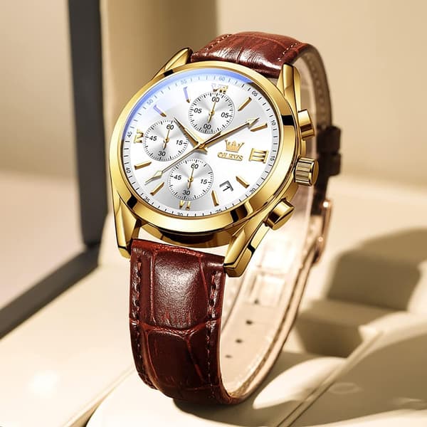 Herre Chronograph Lysende Pind Læderrem Quartz Rustfrit Stål Vandtæt Ur (Kaffe)