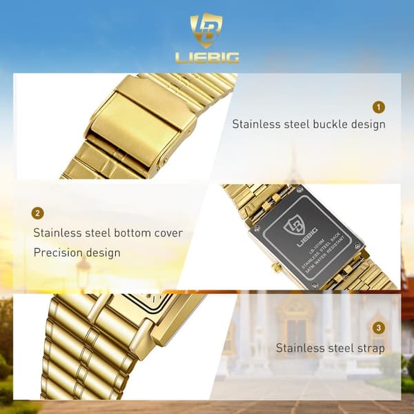 Elegant og Chic Gullfarget Rektangulær Vanntett Klokke i Rustfritt Stål for Par – Stilig Tilbehør for Kvalitetstid Sammen