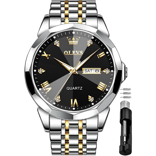 Herrklockor Business Dress Diamant Analog Quartz Datum Lyx Armbandsur Casual Rostfritt Stål Vattentät Självlysande Tvåfärgad Klocka för Män