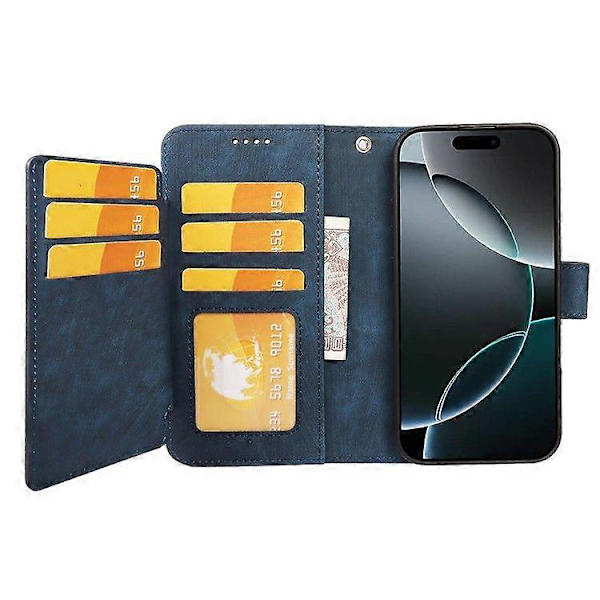 För iPhone 16 Pro Max Linjemönster Läderfodral 9 Kortplatser Plånboksfodral