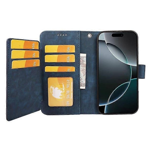 Til iPhone 16 Pro Max Linjemønster Læder Etui 9 Kort Slots Pung Cover