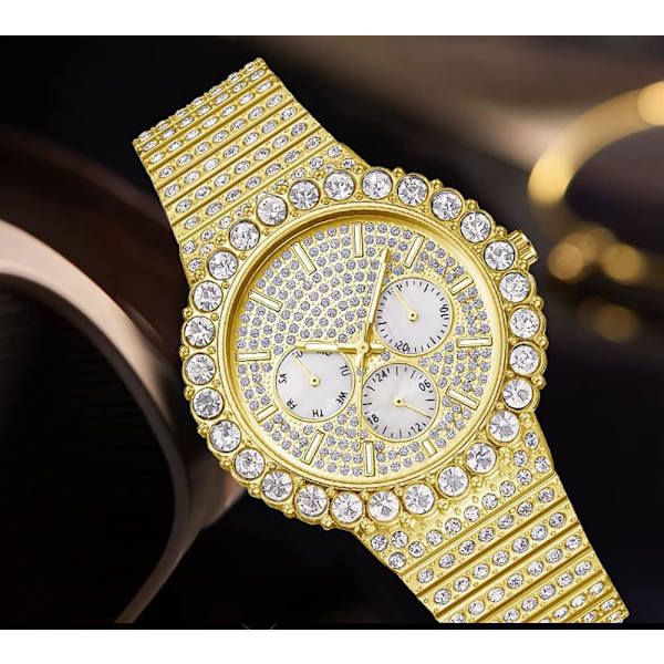 Hip Hop Herrklocka Bling Lyxig Stil Full Diamant Rostfritt Stål Datum Vecka Quartz Analog Display Vattentät Herrarmbandsur