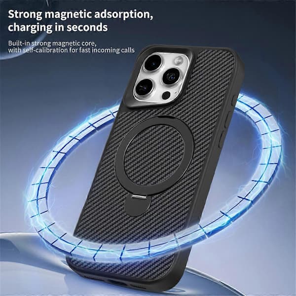 Magnetiskt mobilskal för iPhone 16 Pro Max med roterande stöd, TPU+PC kolfiber baksida