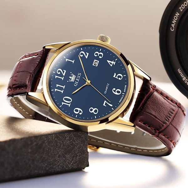 Herrklocka läder analog kvarts herrklocka klänning veckodatum business klassisk lysande läderrem 3ATM vattentät armbandsur älskare