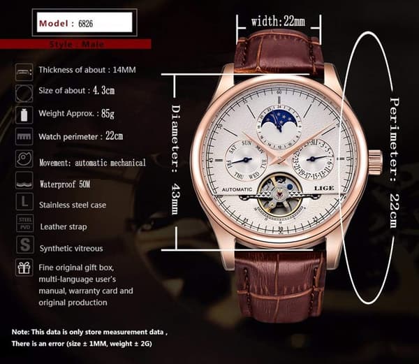 Brun Läder Tourbillon Automatisk Armbandsur för Män