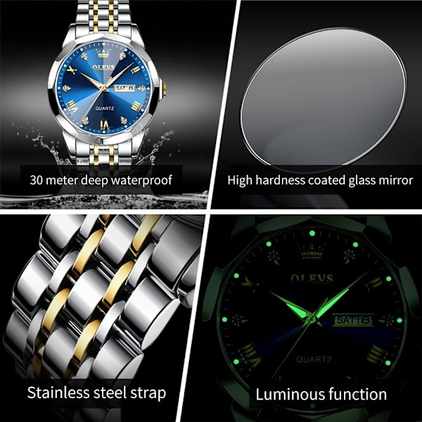 Herrklockor Business Dress Diamant Analog Quartz Datum Lyx Armbandsur Casual Rostfritt Stål Vattentät Självlysande Tvåfärgad Klocka för Män