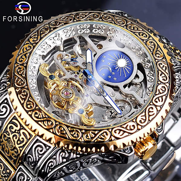 Retro Klocka Utskuren Självuppdragande Mekanisk Tatuering Tourbillon Månfas Oberoende Sekunder Skelett Automatisk Stor Urtavla Armbandsur