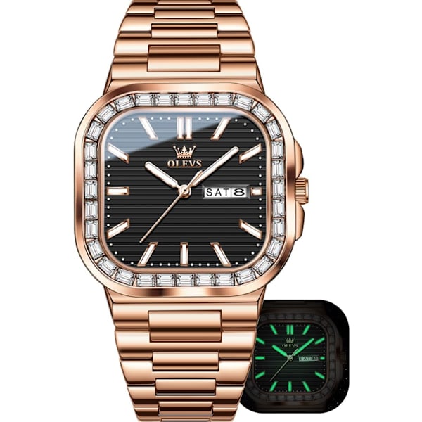 Enkel Diamant Quartz Rektangulär Vattentät Lysande Rostfritt Stål Klocka med Datum (Rosa-Svart)