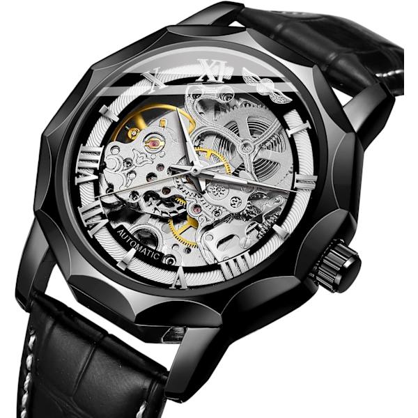 Automatisk mekanisk dodekagontklocka för män, skelett romerska siffror, äkta läderarmband, tourbillonarmbandsur