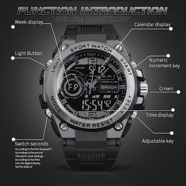 Klocka, Vattentät Militär Digital Analog Klockor, Sport Utomhus Armbandsur Datum Multifunktion Taktik LED Alarm Stoppur