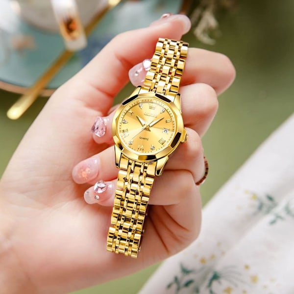 Damklocka, modeklänning, diamant damklockor för kvinnor Analog Quartz Rostfritt Stål Vattentät Luminous Dag Datum Tvåfärgad Armbandsur