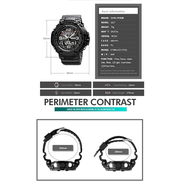 Analog Digital LED Herrklocka 50M Vattentät Utomhus Sportklocka Multifunktionell Casual Dubbel Display 12H/24H Stoppur Kalender Armbandsur