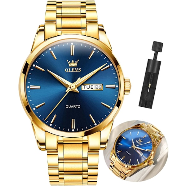 herrklockor lyx business rostfritt stål Chronograph Moon Phase vattentät datum analog kvartsklockor för män, silver/blå/svart/guld urtavla