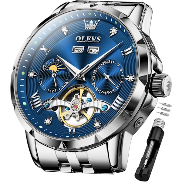 Automatisk herrklocka skelett mekanisk klassisk lyxig affärs diamant rostfritt stål vattentät lysande datum kalender armbandsur för män