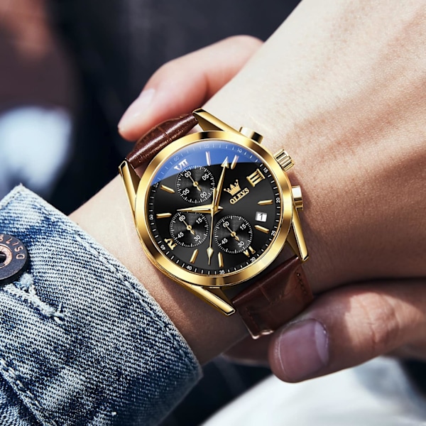 Herrklocka med kronograf, modernt läderarmband analog kvartsklocka för män (blå/vit/svart/guld urtavla)