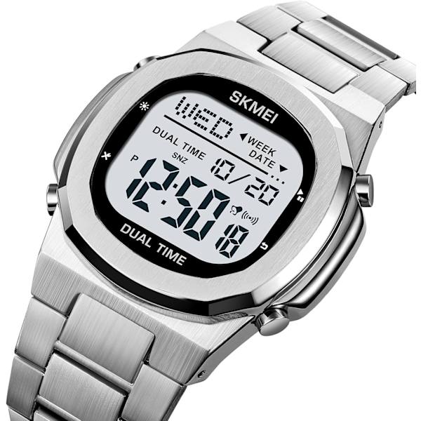 Dual Time LED Digital Klocka för Män Multifunktion Armbandsur Rostfritt Stål Business Vattentät Klocka Datum Alarm