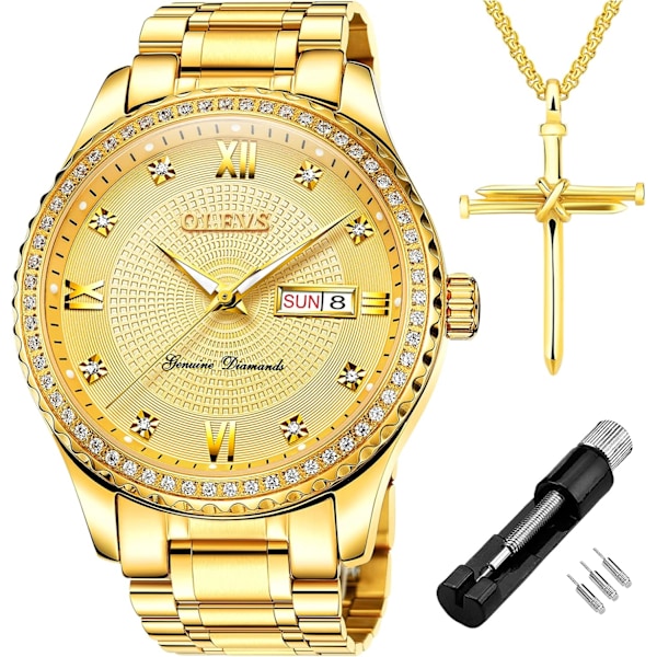 Herr Casual Quartz Klocka Självlysande Stor Urtavla Vattentät Diamant Rostfritt Stål Armbandsur (Guld)