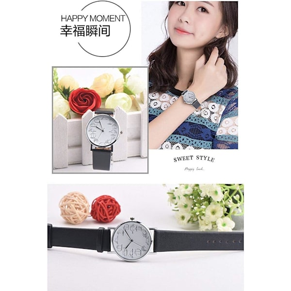 Ny design Lazy Cat Tecknad Tryckt Läderband Analog Legering Kvarts Armbandsur