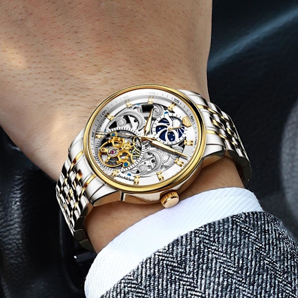 Skelettklocka för män Lyxig klänning svart läder silver guld Tourbillon Månfas automatisk mekanisk självuppdragande vattentät lysande armbandsur...