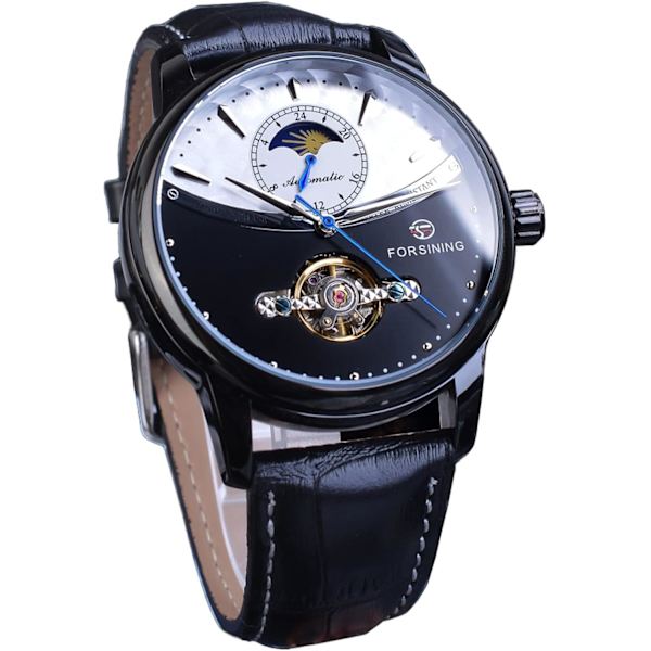 Herrklocka Mekanisk Månfas Tourbillon Rostfritt Stål Vattentät Självuppdragande Retro Klockor, Automatisk Armbandsur med Läderrem