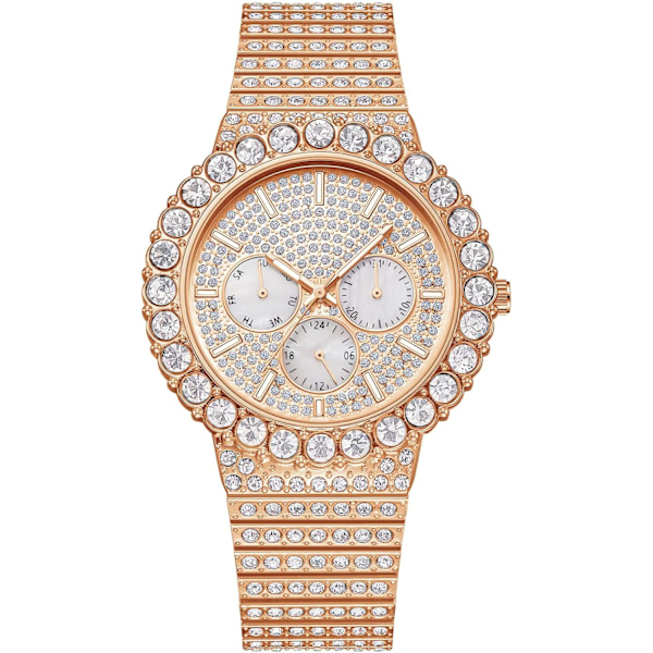 Hip Hop Herrklocka Bling Lyxig Stil Full Diamant Rostfritt Stål Datum Vecka Quartz Analog Display Vattentät Herrarmbandsur