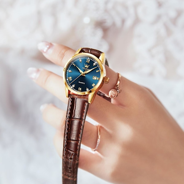 Damklocka för vardagsbruk, litet läderarmband, analog kvartsklocka för damer med kalenderdatum, klassiska presenter till henne