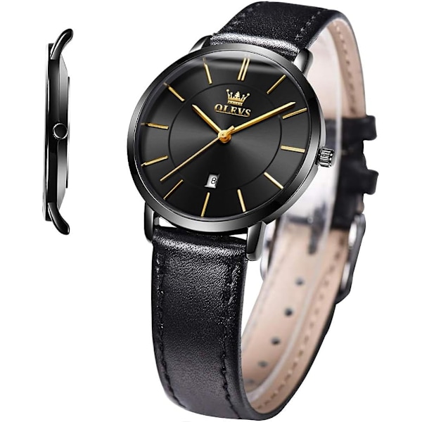 Damklockor, armbandsur för kvinnor, läderarmband, vattentät smal minimalistisk avslappnad enkel klänning, kvarts analog, med datumkalender