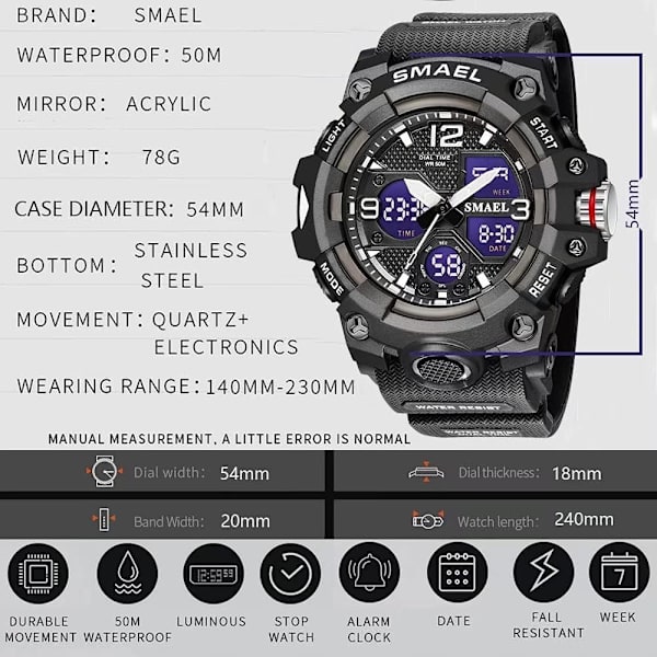 Digitala analoga herrklockor Sport Utomhus Vattentät Armbandsur Multifunktion Taktik LED Alarm Datum Alarm Stoppur