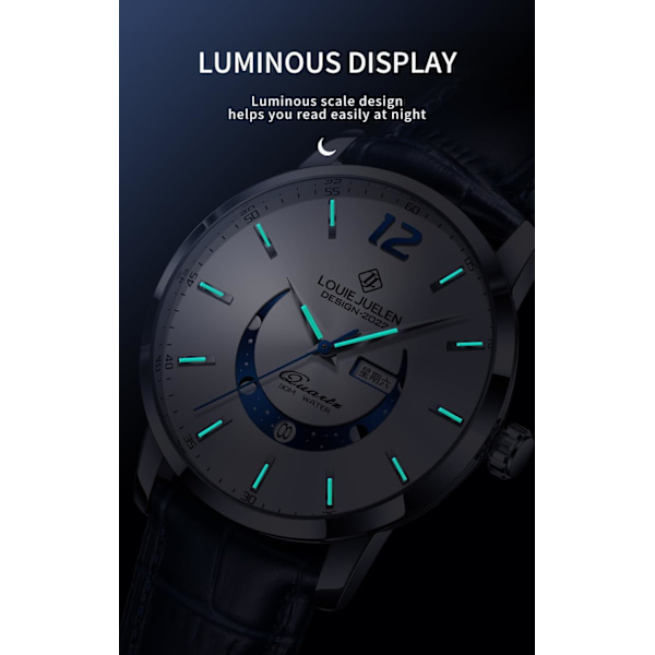 Herrarmbandsur Businessklocka för män Läderrem Casual Quartzklockor Lysande Datum Analog Display Herrgåva