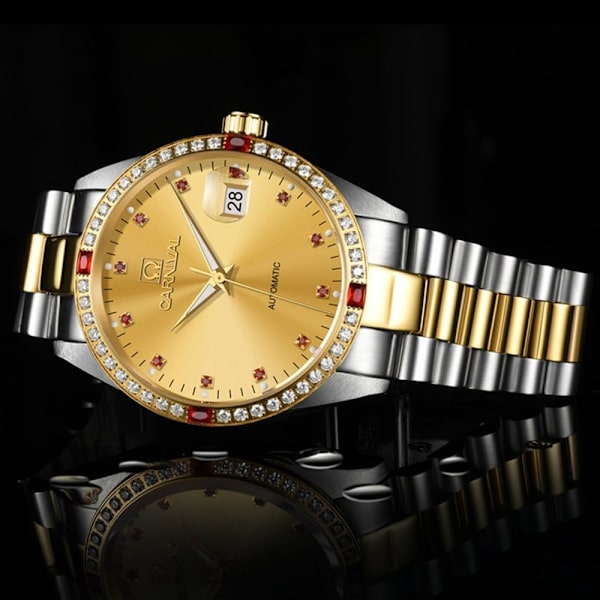 Herr Analog Automatisk Mekanisk Klocka Lysande Kalender Rostfritt Stål Armband Diamant 18K Guld Klocka