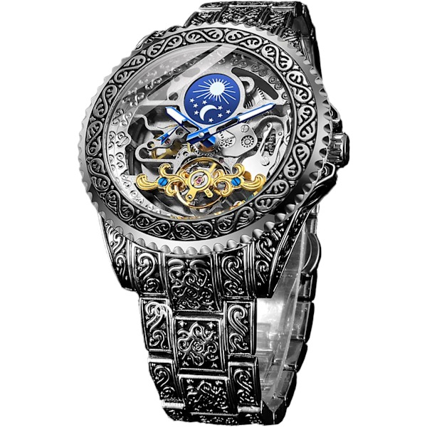 Retro Klocka Utskuren Självuppdragande Mekanisk Tatuering Tourbillon Månfas Oberoende Sekunder Skelett Automatisk Stor Urtavla Armbandsur