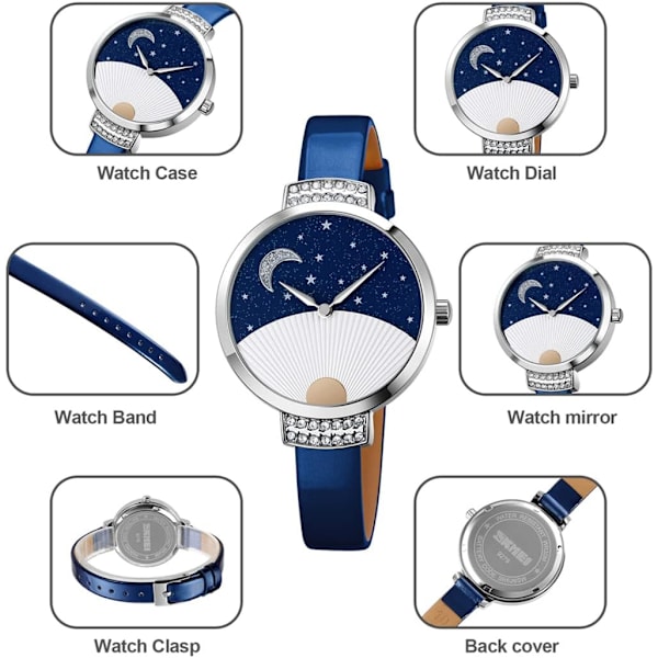 Elegant Läderklocka för Kvinnor Stjärnklar Himmel Fläktmönstrad Urtavla Design Vattentäta Dam Kristall Quartz Armbandsur
