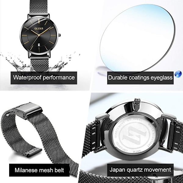 Mesh-klockor för kvinnor med datum, analog quartz, damklocka, klassisk klänningsklocka, vattentät (Blå/Svart/Vit urtavla)