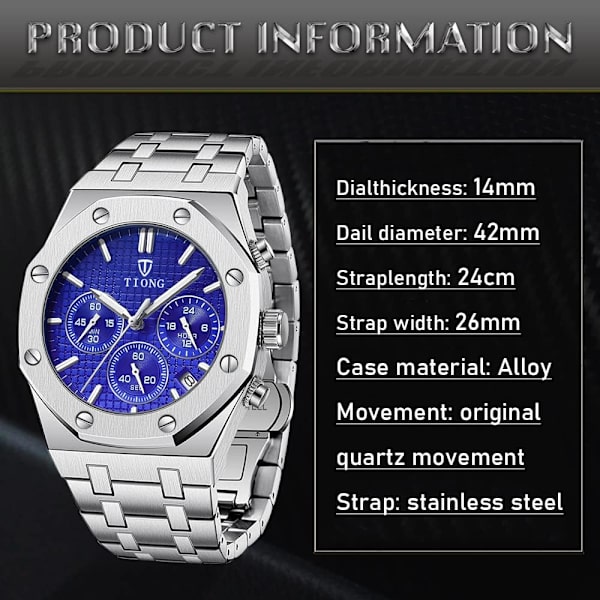 Tiong Herrklockor Kronograf Rostfritt Stål Vattentät Datum Analog Kvarts Klocka Business Casual Mode Armbandsur