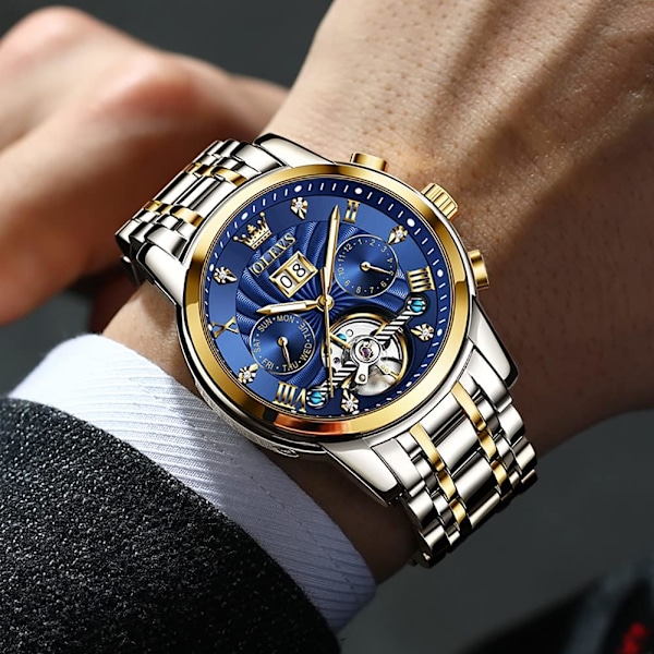 Automatisk herrklocka Skelett 5 visare mekanisk klassisk lyx multi-kalender rostfritt stål vattentät armbandsur herrklocka
