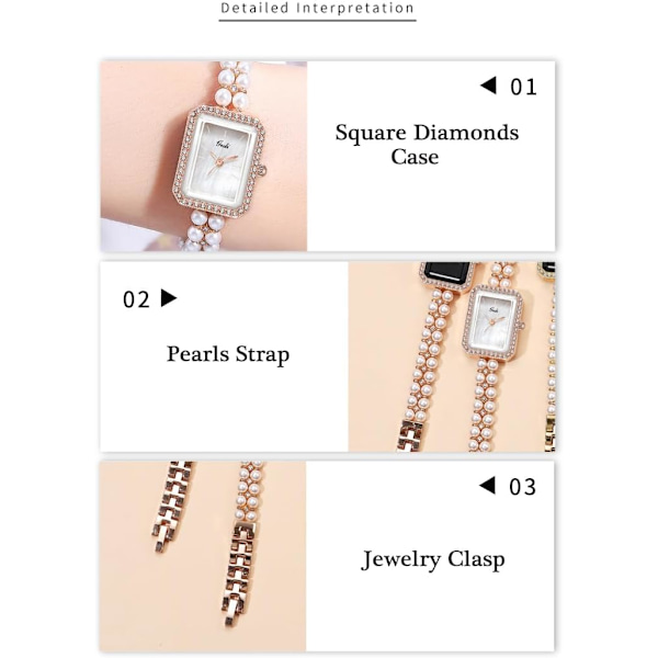 Elegant Pärlklocka för Kvinnor Lyxig Klänning Diamant Damklocka Fyrkantigt Armband Damarmbandsur Casual Stil Damgåva