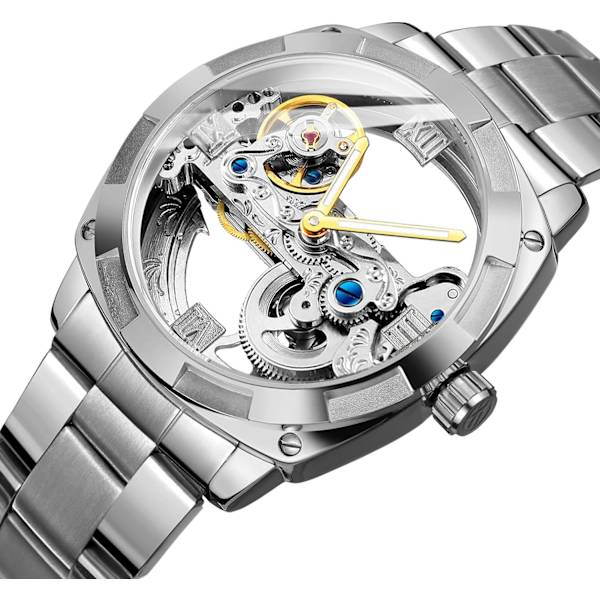 Trendiga steampunk automatiska armbandsklockor i rostfritt stål silver för män för olika tillfällen