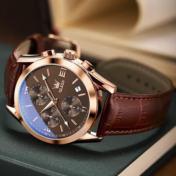 Herr Chronograph Lysande Visare Läderrem Kvarts Rostfritt Stål Vattentät Klocka (Blå)