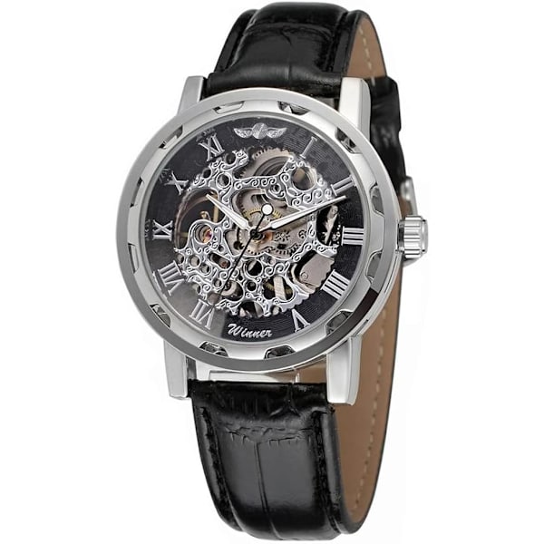 Herrklocka Mode Mekanisk Armbandsur Transparent Urtavla med Skelettdesign Läderarmband Automatisk Manuellt Uppdragbar Klocka