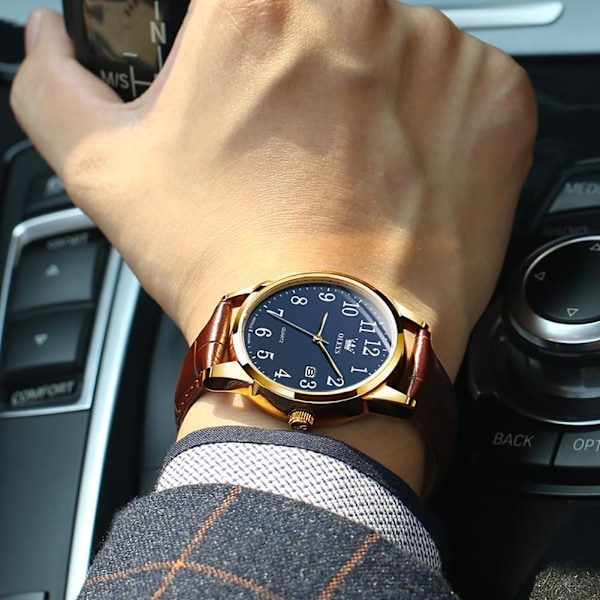 Herrklocka läder analog kvarts herrklocka klänning veckodatum business klassisk lysande läderrem 3ATM vattentät armbandsur älskare